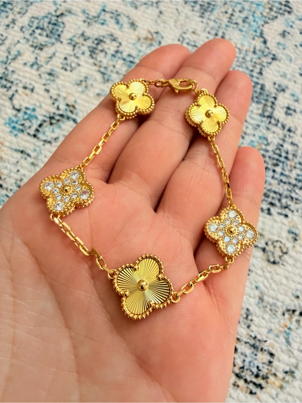 Gold Clover Link Bracelet with Crystal Accents - Timeless Floral Design - Picture 5 of 5